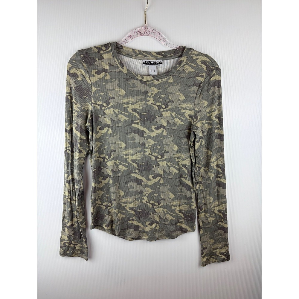 Contempo Casuals Camo Top‎ Large Ribbed Long Sleeve Y2K Grunge Sleaze Indie Army